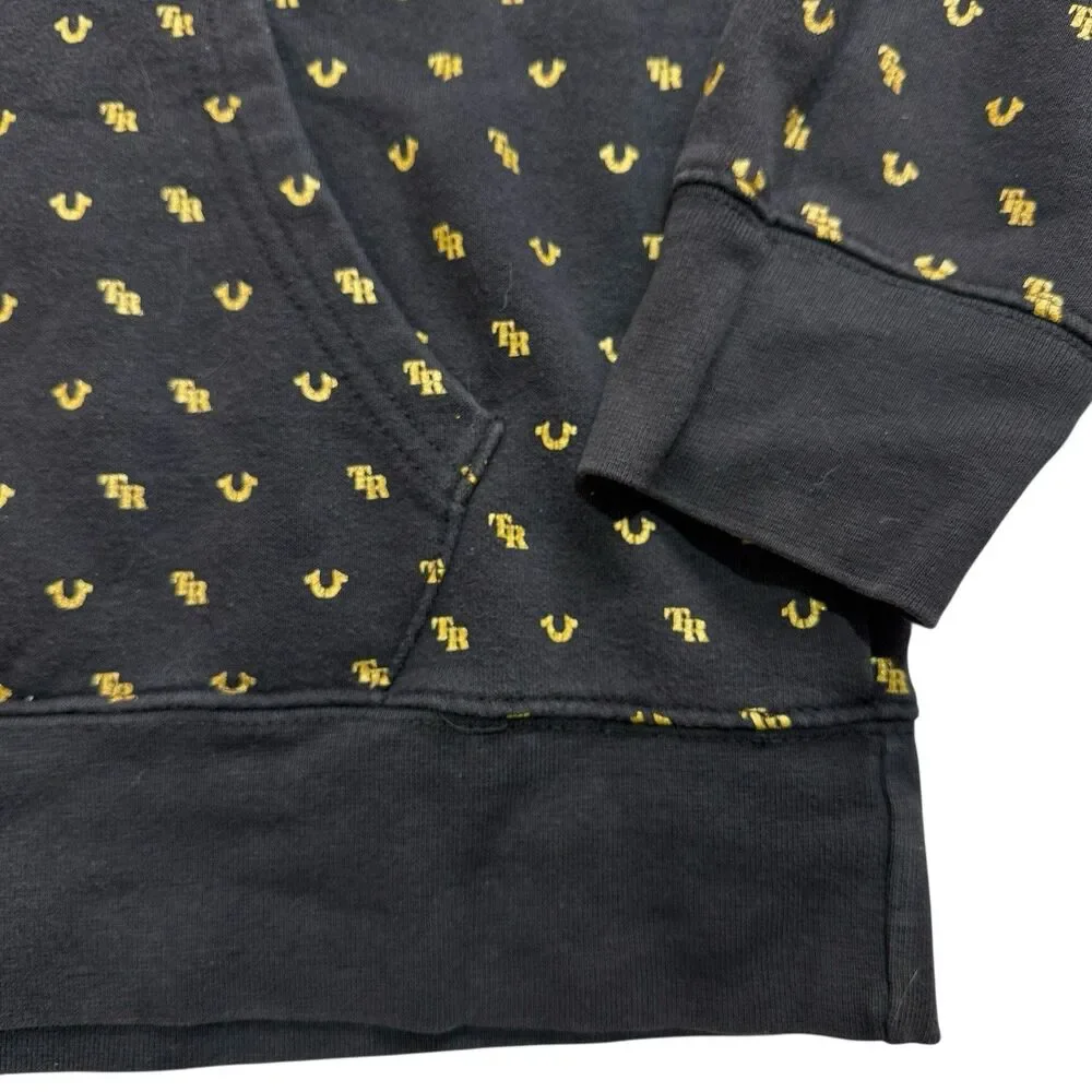 True Religion Monogram Pullover Hoodie Black Gold All Over Horseshoe Logo Mens L